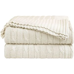 100% Cotton Throw Blanket for Sofa Soft Cable Knit Blanket 50" x 60" Beige